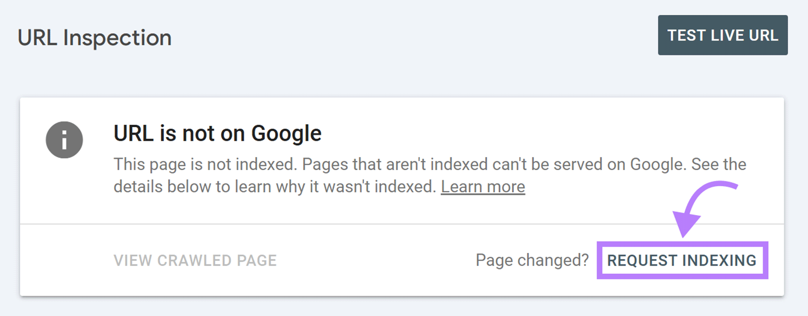 Google Search Console URL Inspection page with Request Indexing button highlighted