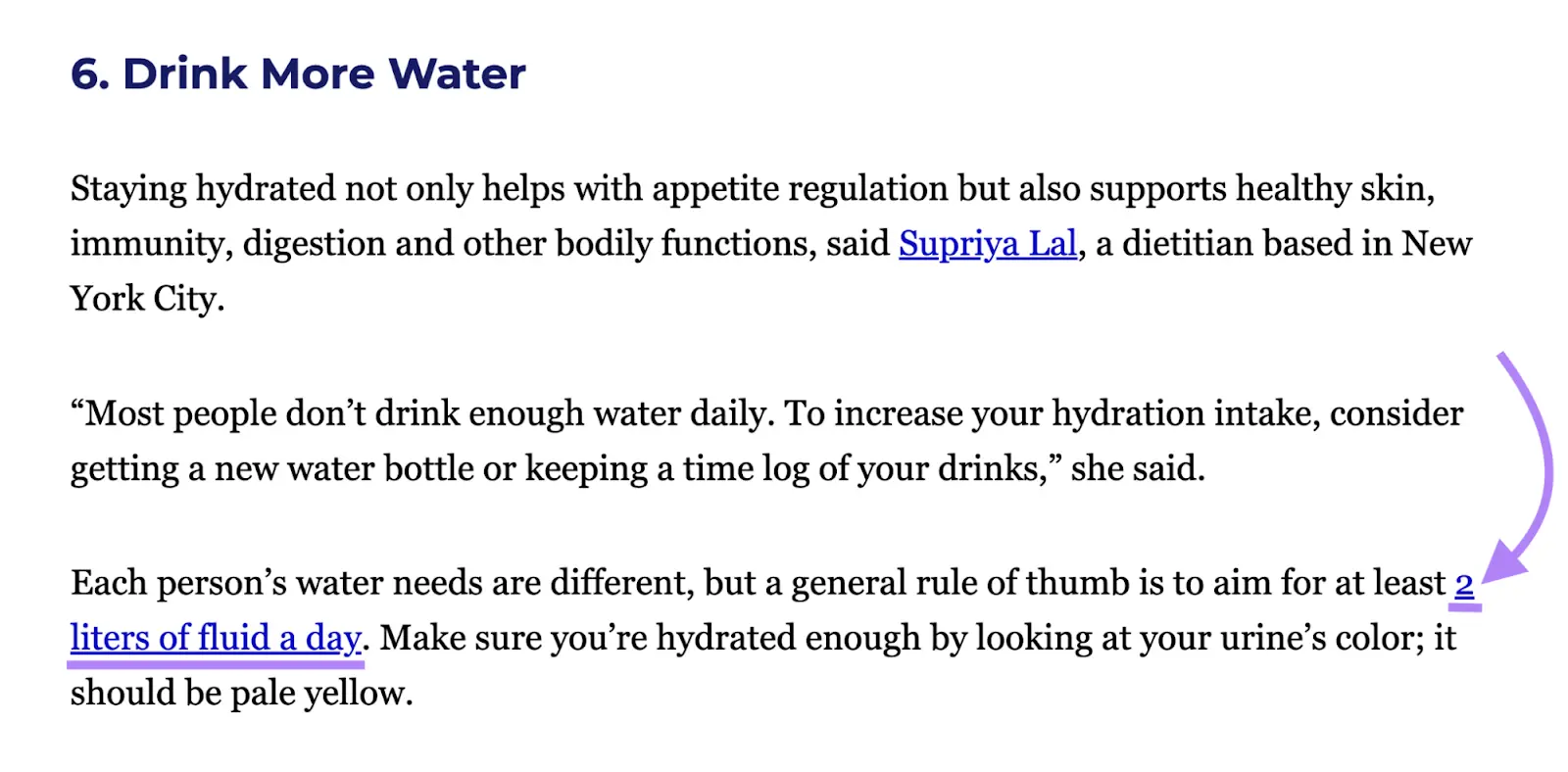 Section of article on drinking more water with arrow pointing to linked resource in content.