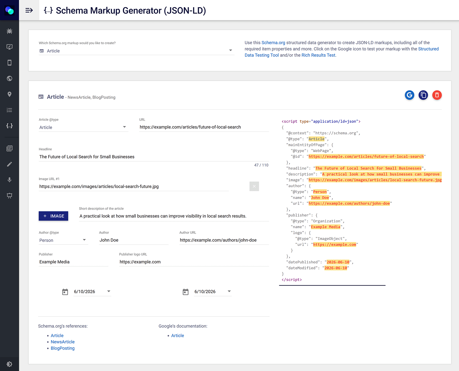 Schema Markup Generator showing article fields and generated JSON-LD code