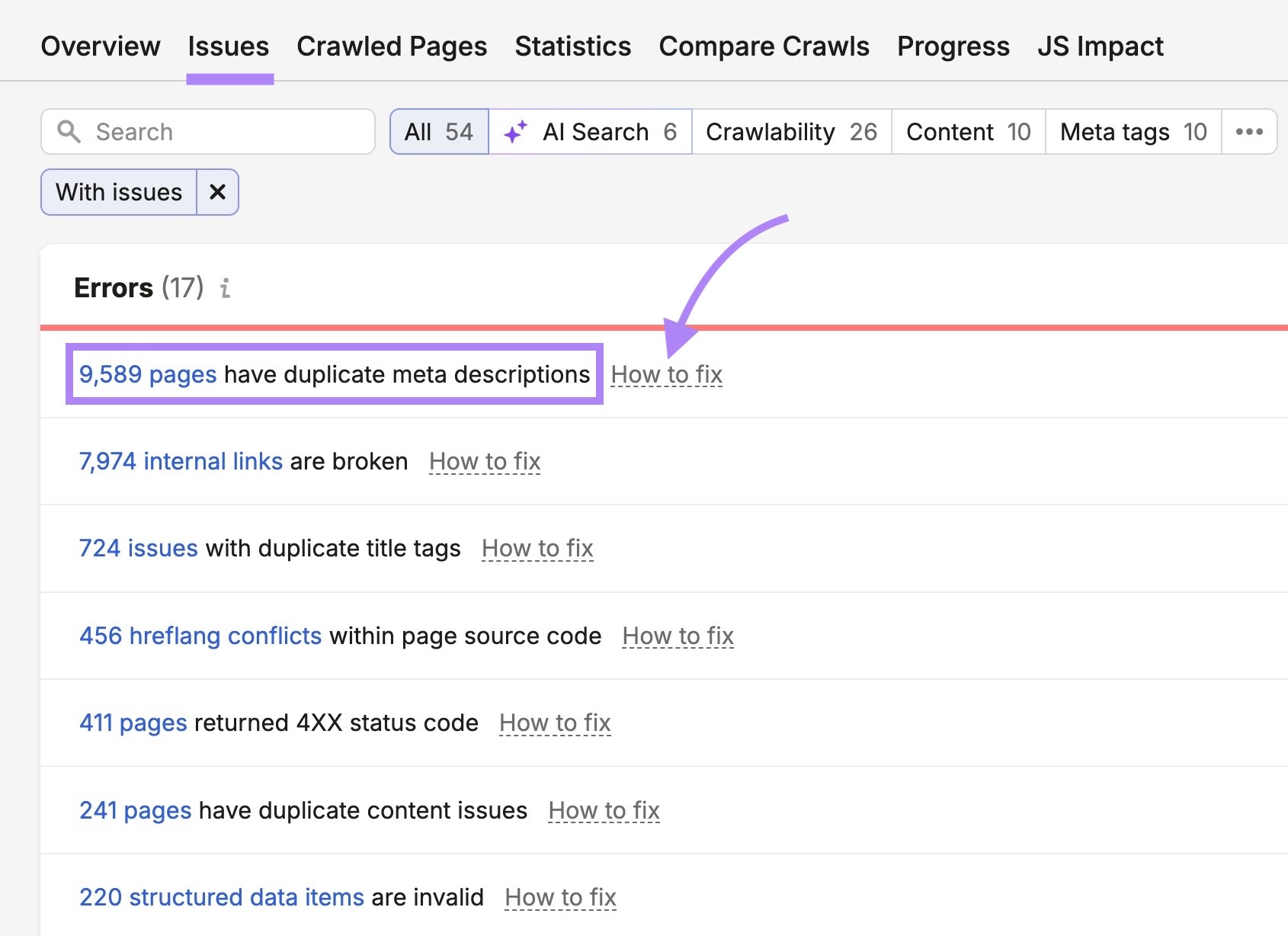 The "Issues" tab on Site Audit with an error along with "How to fix" next to it highlighted.