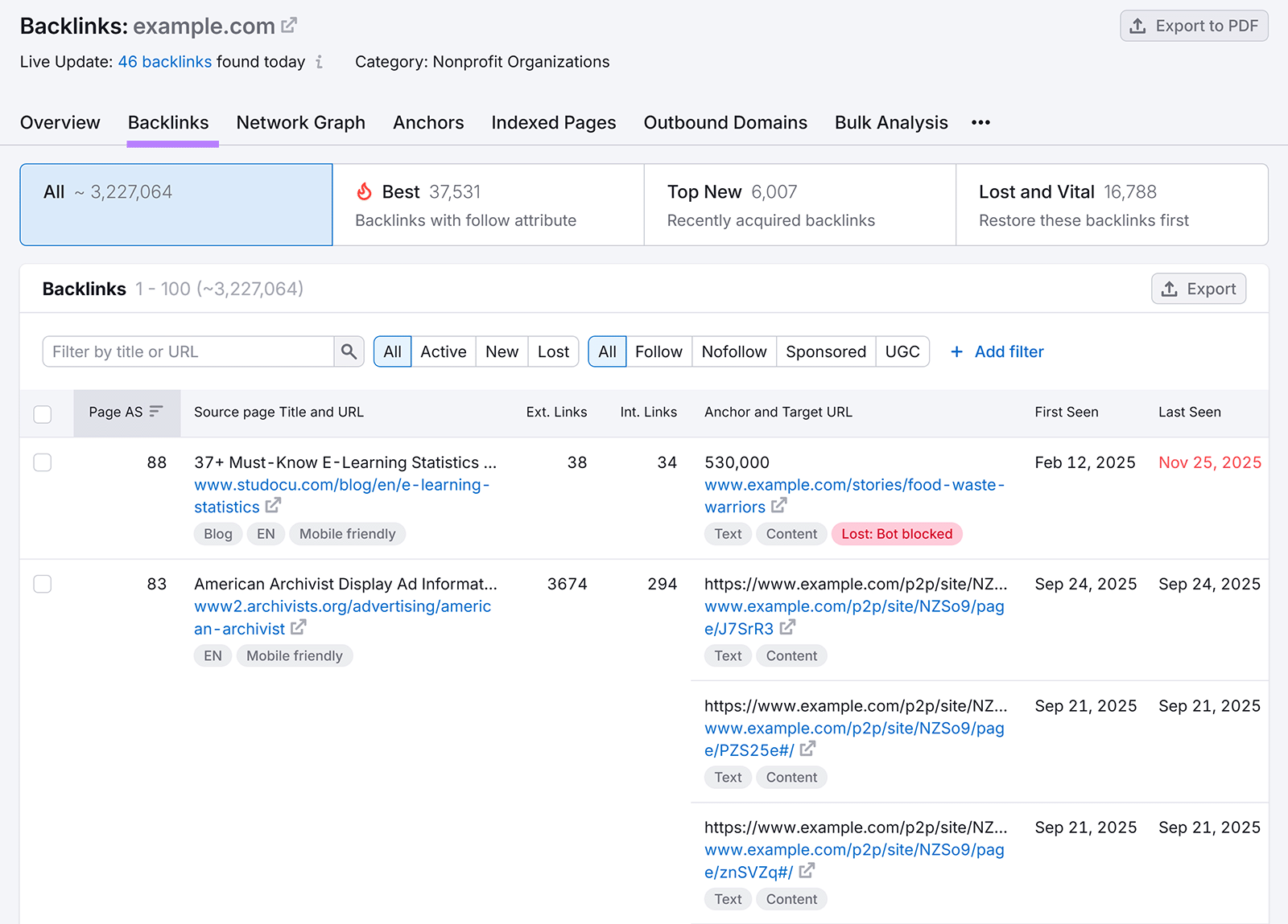Backlinks report listing referring pages, anchor text, Page AS, and first and last seen dates.