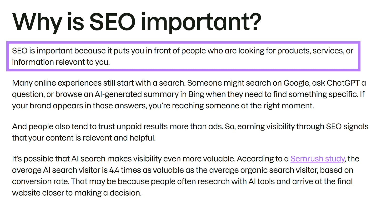 Article section answering “Why is SEO important?” with the main answer highlighted at the top