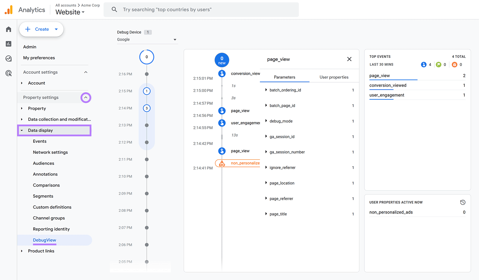 GA4 DebugView showing page_view events, parameters, and recent top events