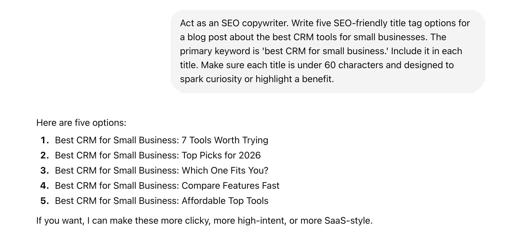 Generating five SEO-friendly title tag ideas for a blog post on ChatGPT.