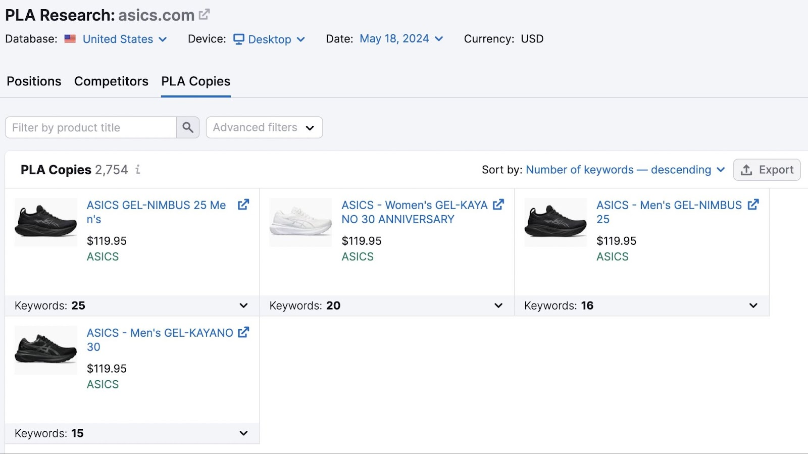 PLA Copies report displaying competitor product listing ads with product images, titles, and keyword counts
