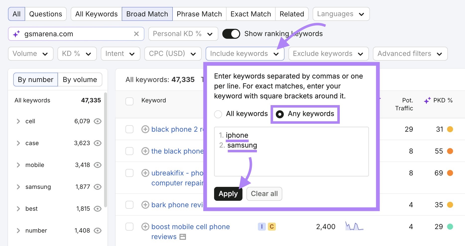 Applying a filter on the Keyword Magic Tool to only show terms which include the keywords "iphone" or "samsung".
