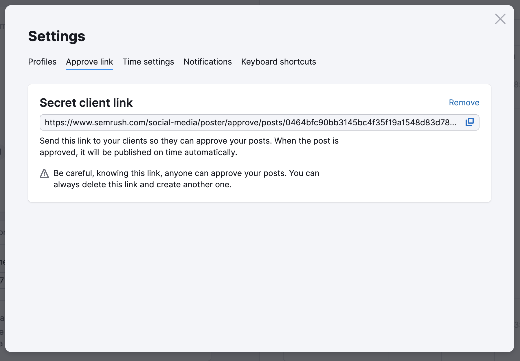Approve link tab in the Social Poster settings.