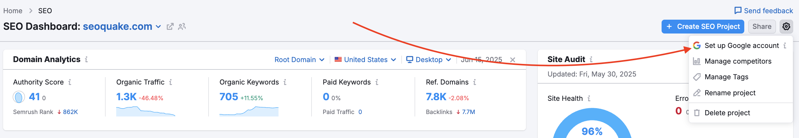 SEO Dashboard with a red arrow pointing to the settings gear and the Google account setup button in the drop-down menu in the top-right corner.