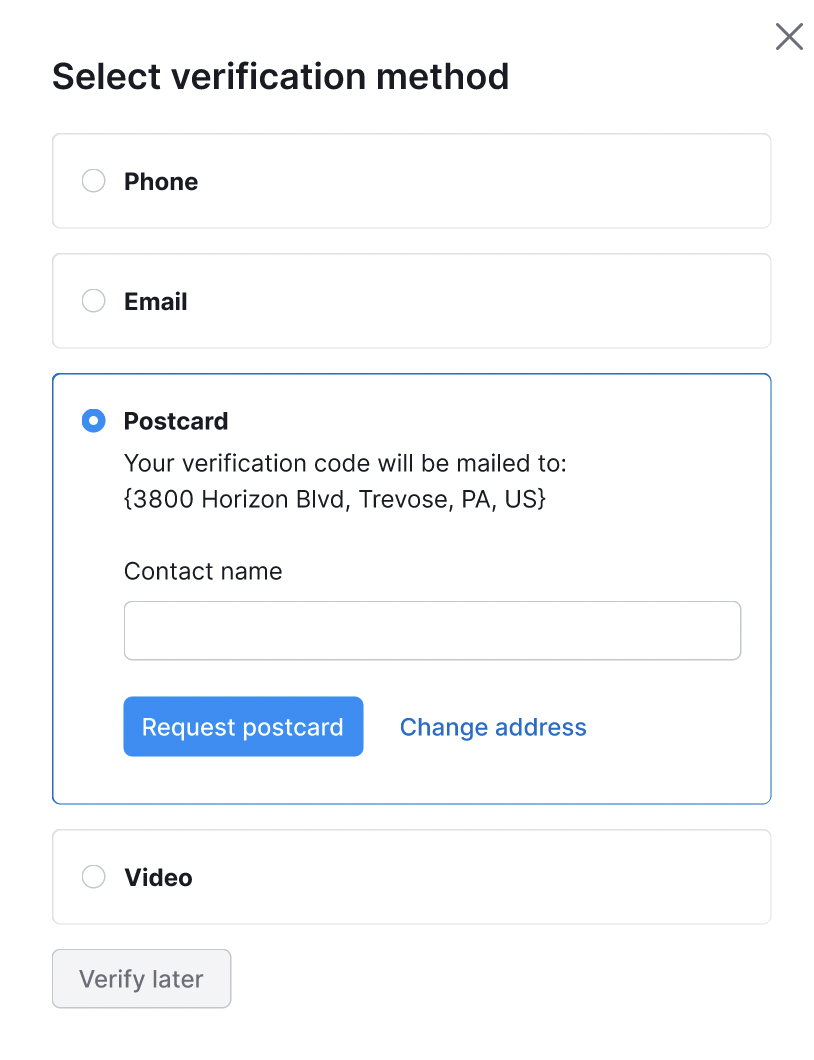 Google requesting a postal address to send a postcard verification.